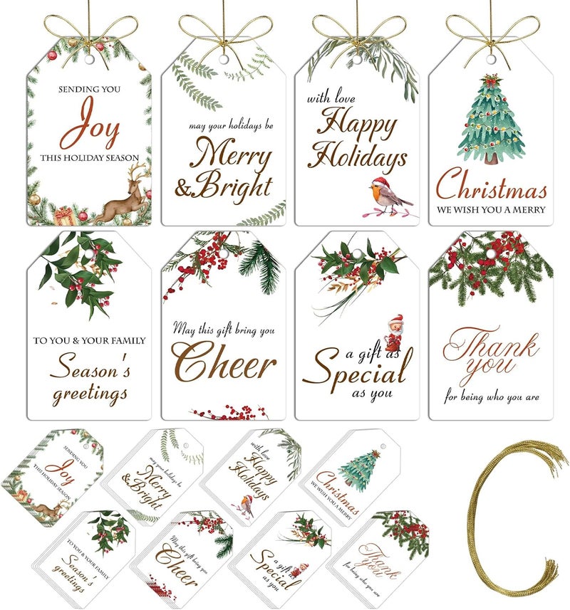 AuroTrends Christmas Gift Tags with String 48Pcs, Name Tags for Christmas Presents -Quality Christmas Tags with Holes& Pre-Cut Strings (8 Styles, 48 Pcs) - Image 1